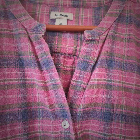 L.L.Bean Women Pink&Blue Plaid Flannel Shirt Collarless Neckline Preppy Western - Picture 5 of 14